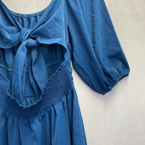 iGENJUN Off Shoulders Lantern Sleeve Smocked Backless A-Line Dress Women L Blue - Picture 15 of 16